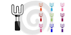 Black Garden rake icon isolated on white background. Tool for horticulture, agriculture, farming. Ground cultivator