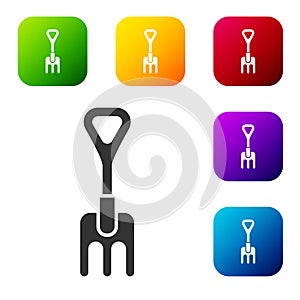 Black Garden rake icon isolated on white background. Tool for horticulture, agriculture, farming. Ground cultivator. Set