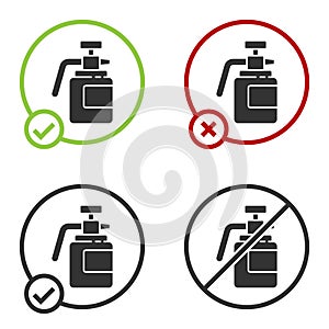 Black Garden sprayer for water, fertilizer, chemicals icon isolated on white background. Circle button. Vector