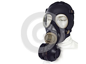 A black gas mask on a white maniken on a light background with space for text. AI generation.