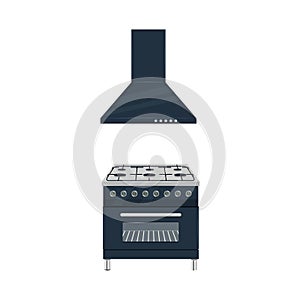 Black gas stove and extractor hood cooker flat vector illustration isolated on white background
