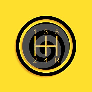 Black Gear shifter icon  on yellow background. Transmission icon. Long shadow style. Vector