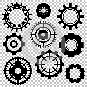 Black gear wheel  icon set on transparent background. Technological or machinery symbol. Industrial clipart