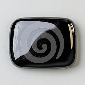 Black Gemstone with Gold Inclusions on Gray Background