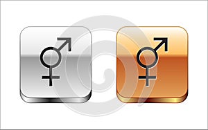 Black Gender icon isolated on white background. Symbols of men and women. Sex symbol. Silver-gold square button. Vector