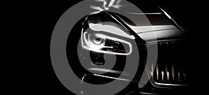 Black generic and unbranded luxury car on a dark background with copyspace, generative ai illustration