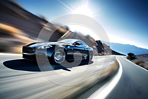 A black generic and unbranded sport car running on mountain street at sunlight, ai generative illustration