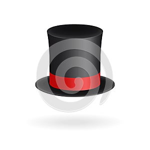 Black gentleman hat cylinder with red ribbon. Elegance and aristocratic symbol. Volumetric icon isolated on white background. Vect