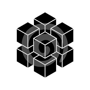 Black geometric cube of 8 smaller isometric cubes. Abstract design element. Science or construction concept. 3D vector