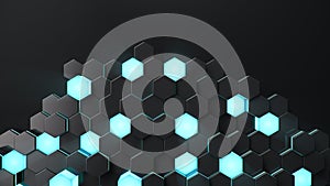Black geometric hexagonal abstract background. Surface polygon pattern with blue glowing hexagons, honeycomb. Abstract