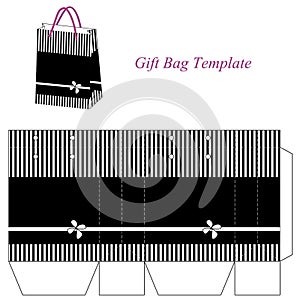 Black gift bag template with stripes and flower