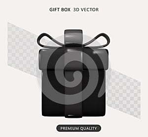 Black gift box with black ribbon gift Bow. Perfect for Black Friday and Christmas. Vector Realistic Illustration.