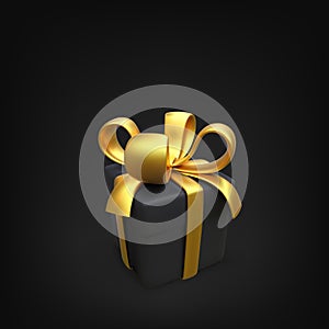 Black gift box with gold ribbon in realistic style. 3D box with golden bow. Black friday design element. Surprise package for