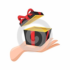 Black Gift Box On Hand. Black Friday Sale Symbol Cartoon Illustration Vector