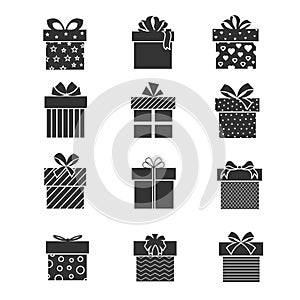 Black gift box icons. Presents signs with ribbons and bows