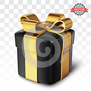 Black gift box or present box with a golden bow casts a shadow on a transparent background