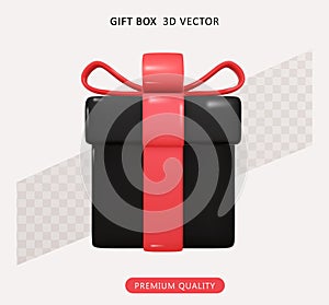 Black gift box with rad ribbon gift Bow. Perfect for Black Friday and Christmas. Vector Realistic Illustration.