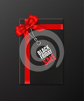 Black gift box with red ribbon and bow and tag with Black Friday Sale text on black background. Vector illustration.