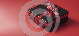 black gift box with red ribbon isolated on red background thanksgiving day