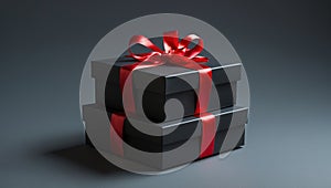 Black Gift Boxes with Red Ribbon Bow Luxury Present Stack