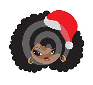 Black Girl with Afro Hair and Christmas Santa Hat Vector