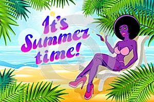 The black girl with a cocktail on a beach. vector summer time lettering and Woman on of the Sea Beach and Takes Sunbath. Bikini gi