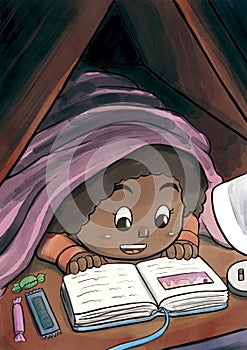 Black Girl Hiding Beneath the Blanket Reading a Picture Book