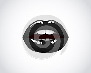 Black girl lips. Woman black mouth. Female chic velvet kiss with lipstick, gloss.Valentines, mothers day logo