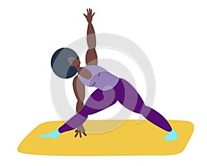 A black girl performs a triangular pose.An African-American woman does yoga.Athletic girl performs asana.vector