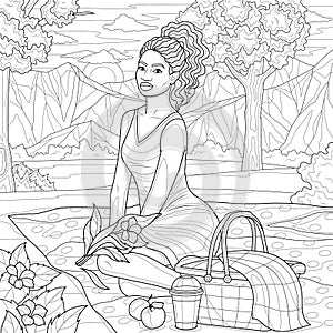 Black girl at picnic.Coloring book antistress for children and adults.