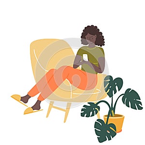 Black girl sitting in comfy chair, using her smartphone. Stay home concept. Cozy room vector illustration with potted