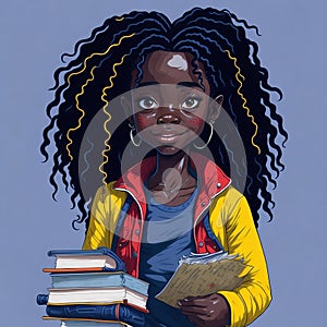 black girl with story books anime style generative AI