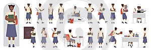 Black girl student with glasses, laptop and school bag poses in side, front and back view set