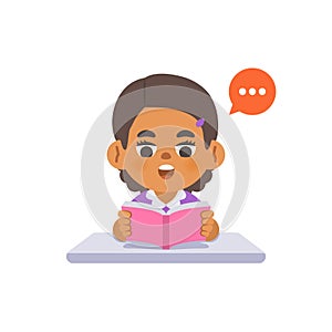 a black girl study reading the book on the desk, illustration cartoon character vector design on white background. kid and