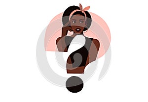 Black girl thinks. Beautiful face, question mark