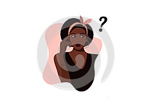 Black girl thinks. Beautiful face, question mark