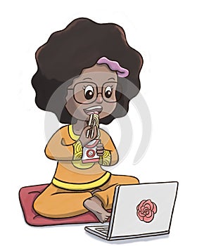 Black Girl Watching Movie and Eating