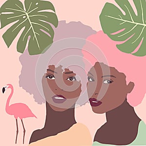 Black girls illustration. Biracial girlfriends with afro