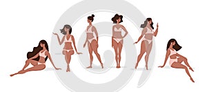 Black girls in swimsuits standing and sitting in different poses, a set of characters of a woman in underwear for a