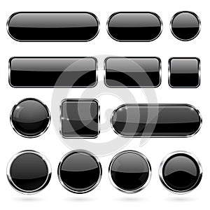 Black glass buttons with metal frame. Collection of 3d icons