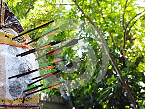 Black glass carbon fibre archery crossbow bolts with red and green colour vanes on house-made practice target in private backyard