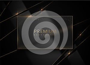 Black glass luxury layered glossy abstract background. Vector frosted glass rectangular golden line frame on black broken plastic