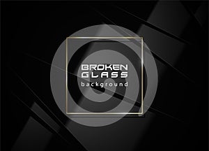 Black glass luxury layered glossy abstract headline background. Vector golden line square frame under black broken plastic