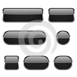 Black glass oval, round, square buttons with chrome frame. 3d icons