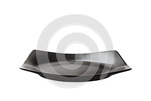 Black glass square plate isolated over white background. perspective view