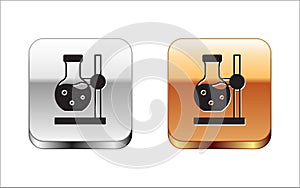 Black Glass test tube flask on stand icon isolated on white background. Laboratory equipment. Silver and gold square