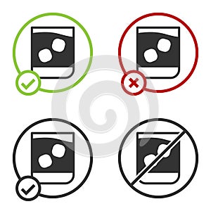 Black Glass of whiskey and ice cubes icon isolated on white background. Circle button. Vector Illustration