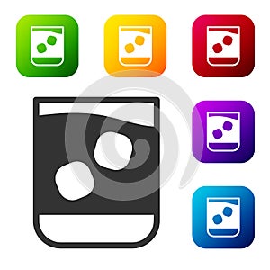 Black Glass of whiskey and ice cubes icon isolated on white background. Set icons in color square buttons. Vector