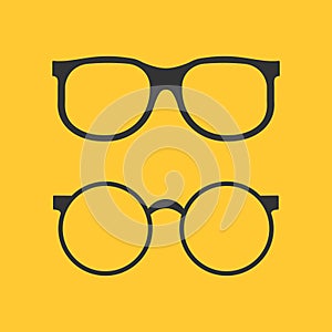 Black glasses icon for eye on yellow background. Flat circle specs isolated. Fashion optical accessory for face. Silhouette