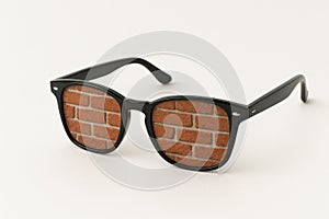 Black glasses with lenses in the form of a brick wall.